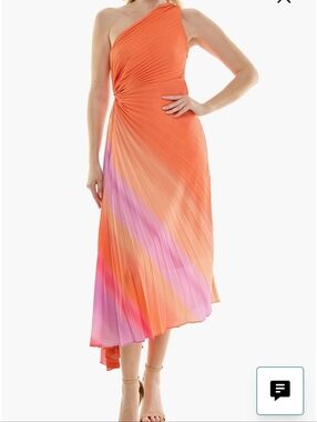 Asymmetric One-Shoulder Ombre Pleated Dress in Red-Orange-Pink